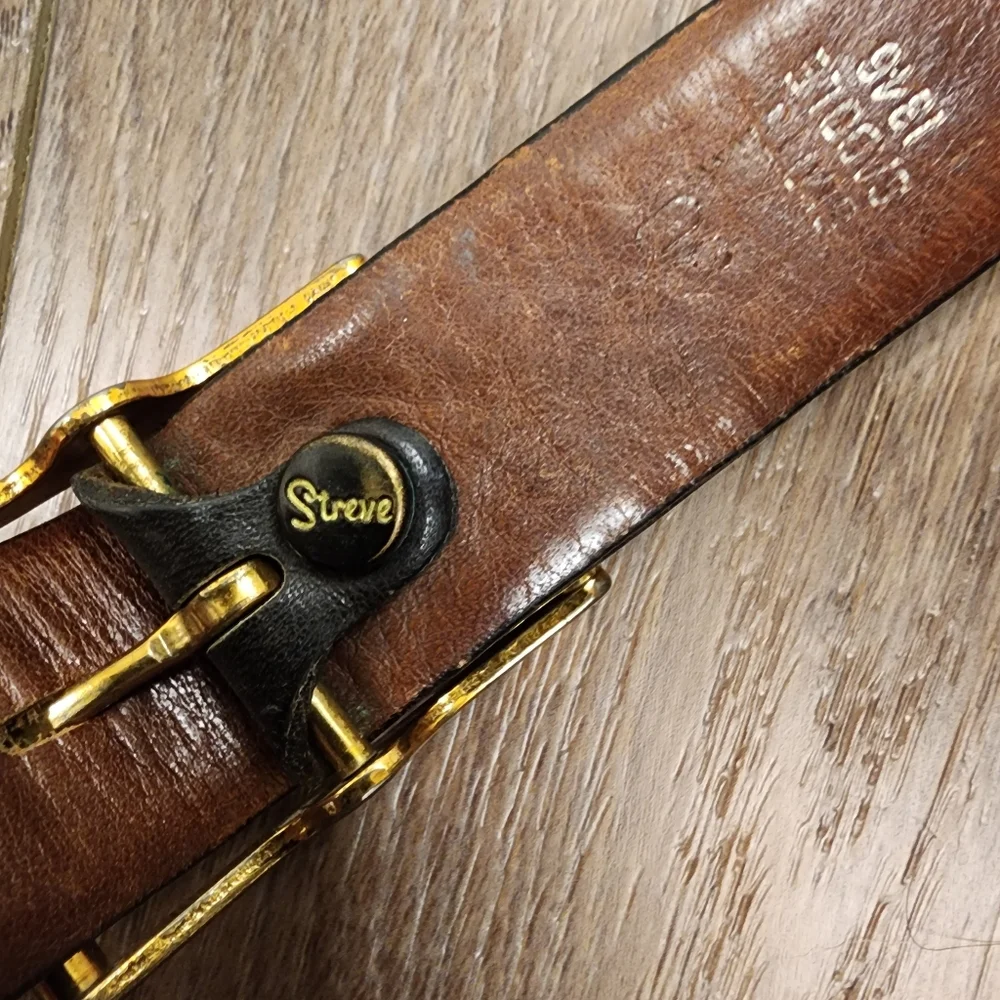 Vintage Streve Slots Saddle Leather Black Belt Brass Tone Buckle Men's size 30